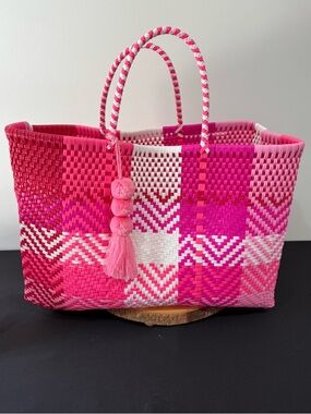 Jumbo Size Woven Pink Check Tote Bag with Tassel
